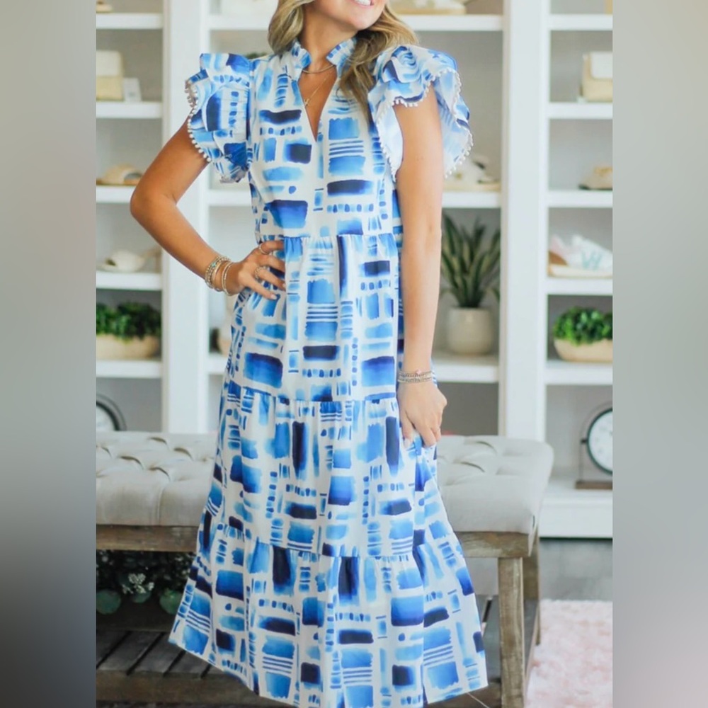 THML Blue and White Geometric Tiered Midi Dress